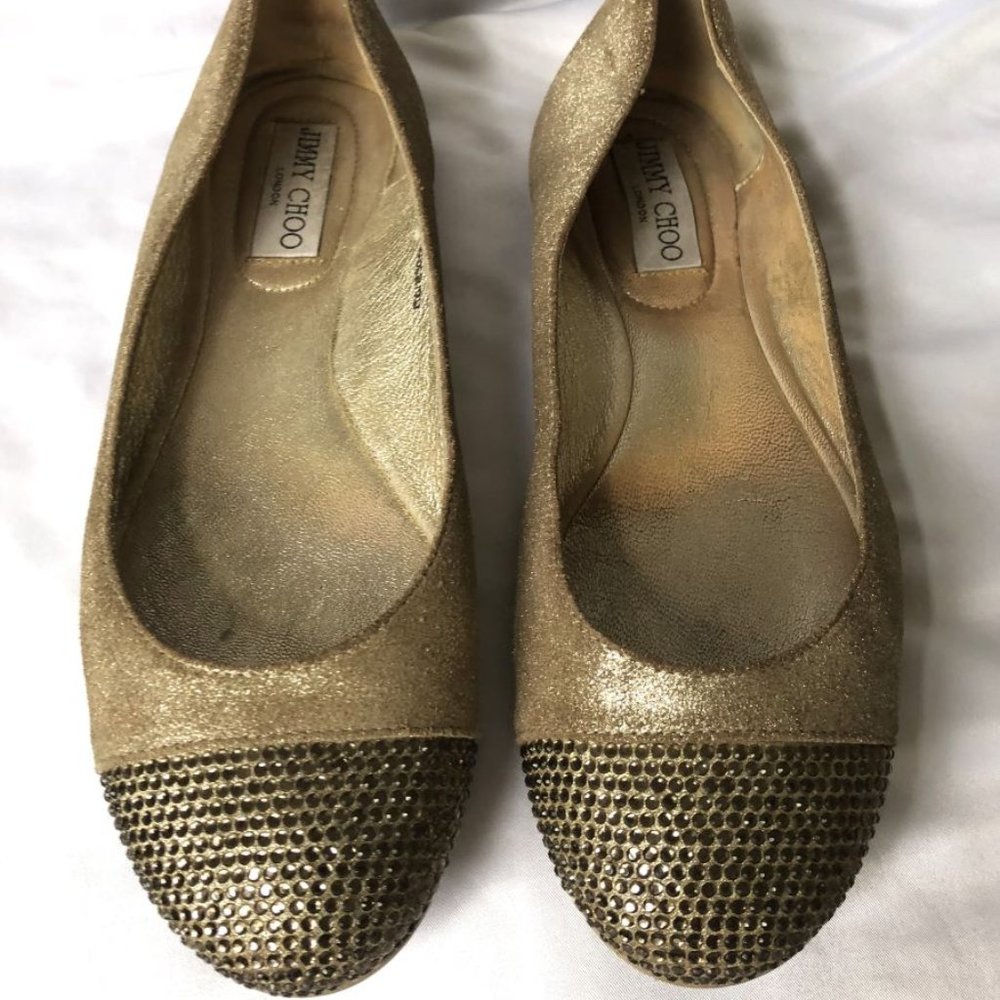 Jimmy Choo Authentic Size 6.5 - 7 Gold Rhinestone Flats